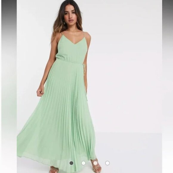 ASOS Design Pleated Cami Maxi Dress Drawstring Waist in Sage Green - Picture 1 of 7